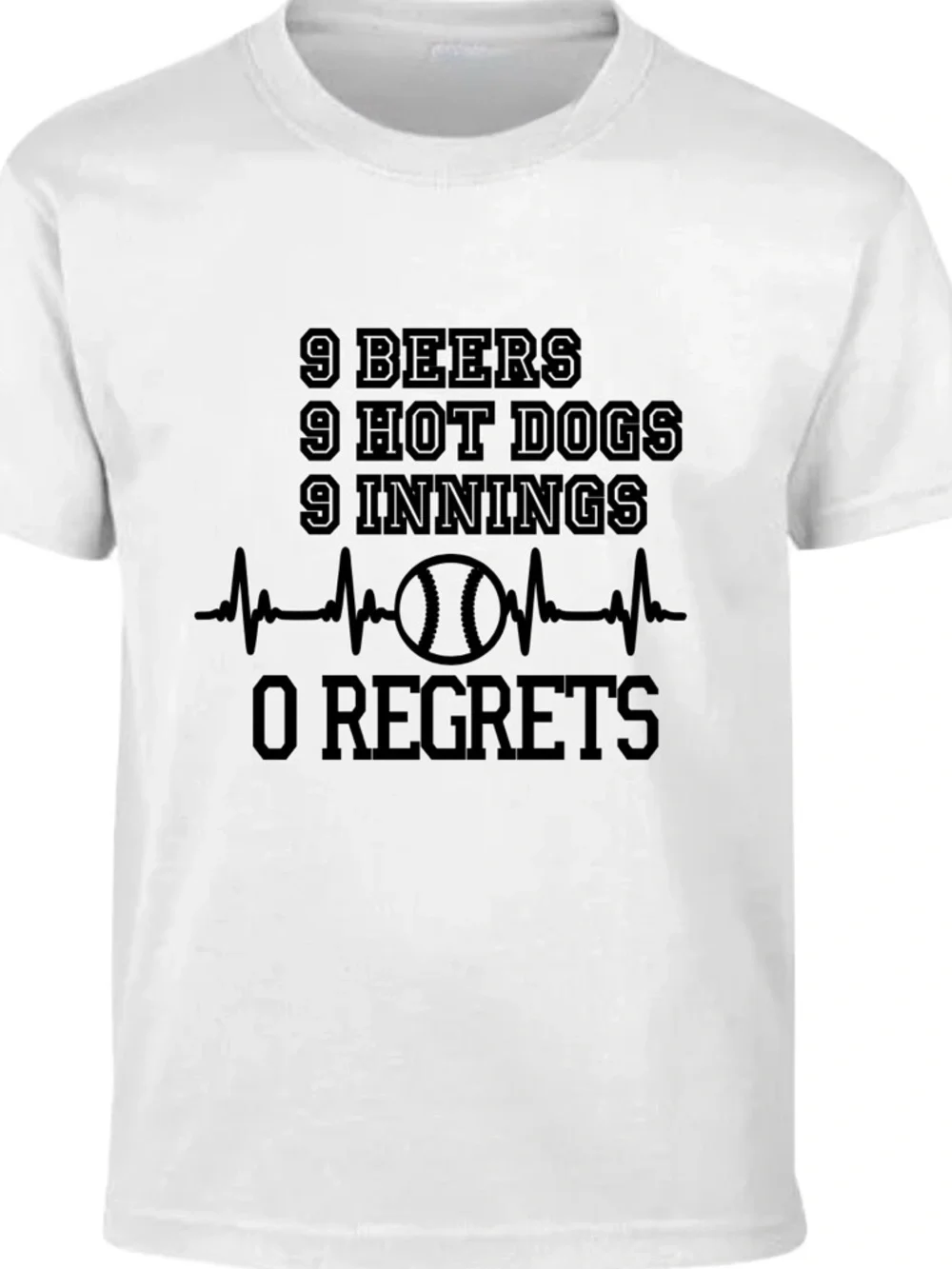 '9 Beers 9 Hot Dogs 9 Innings 0 Regrets' Baseball  T-Shirt - Picture 1 of 1